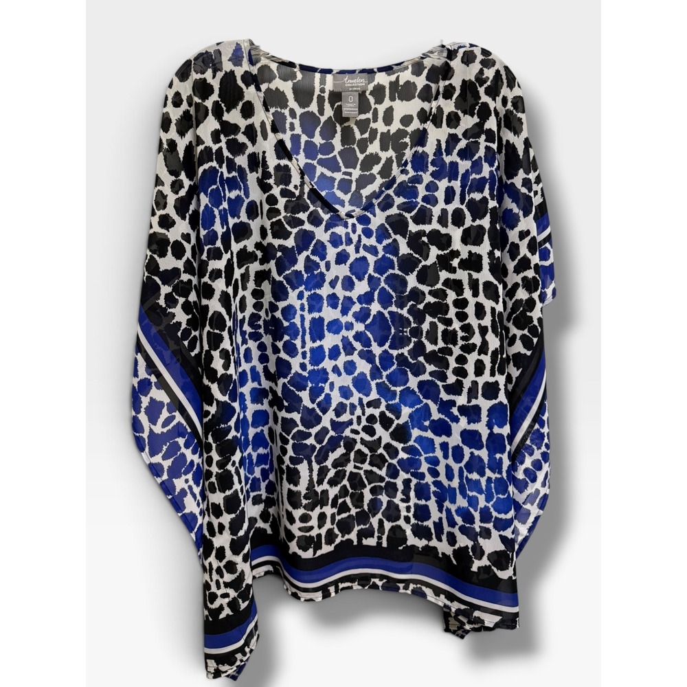 Chico's Travelers Blue Black Animal Print Sheer Kaftan Poncho Top Size 0 S